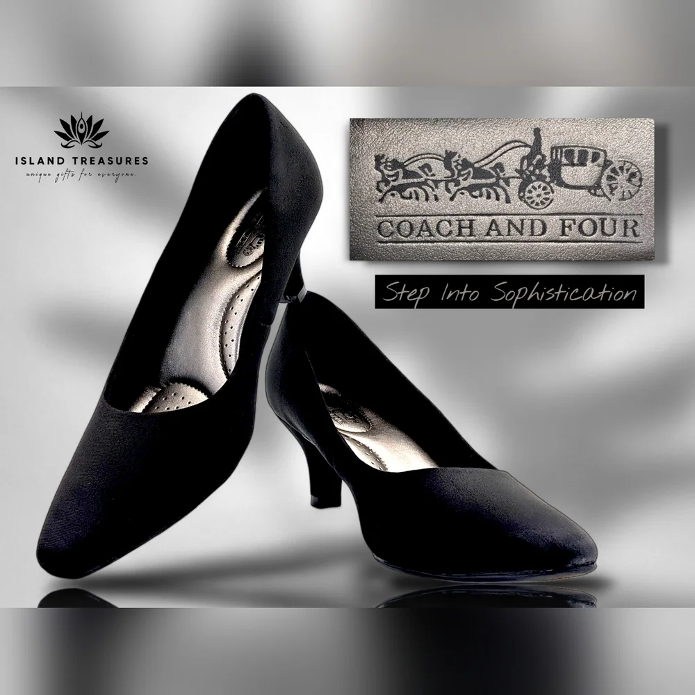 Coach and Four Women Sz 9 Satin Black Cushioned Round Toe Slip-In Mid-Heel Pumps